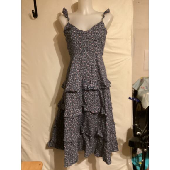 5071 Dress Forum Temecula Dress Navy Floral Sleeveless Tiered Ruffle Midi Small - Picture 7 of 7